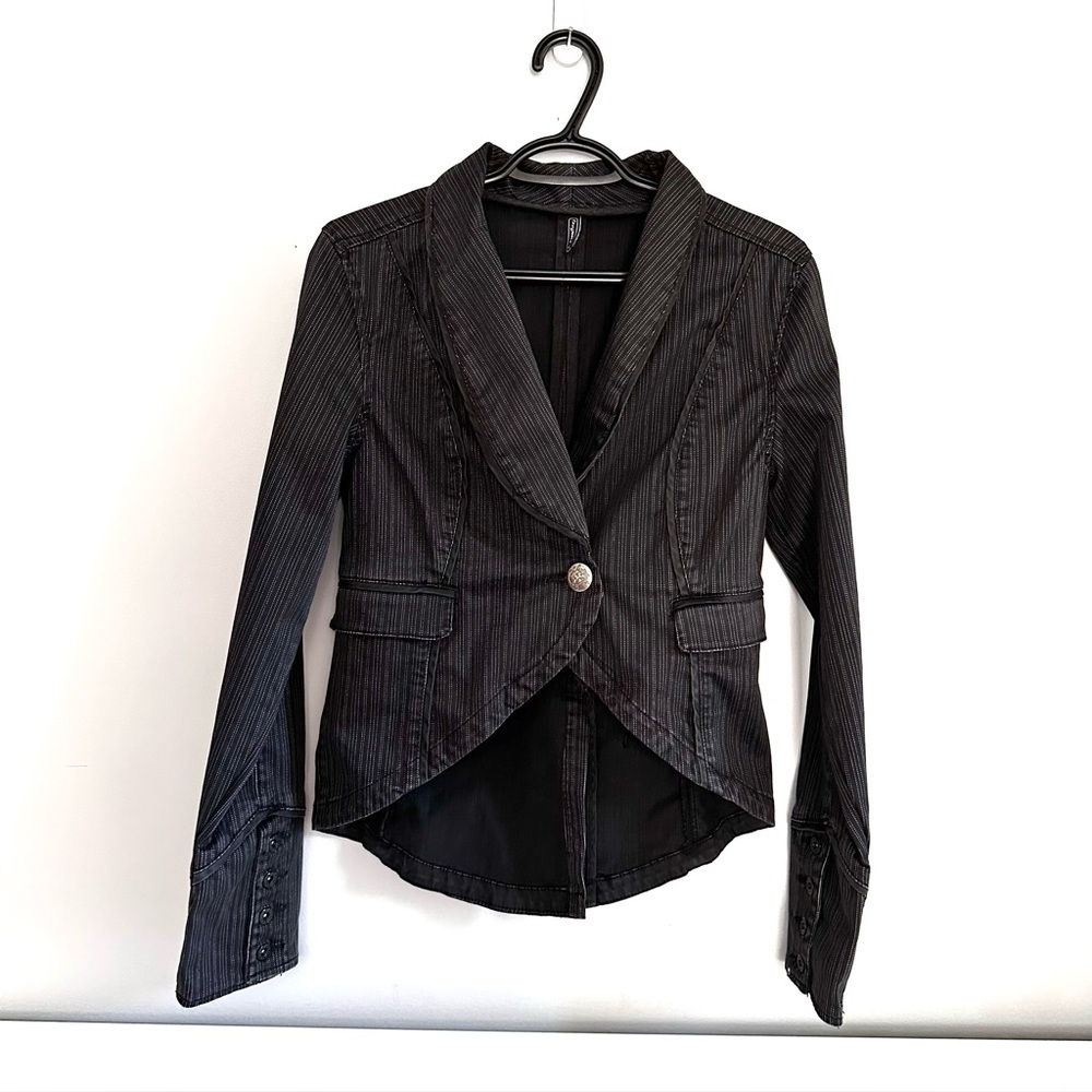 FOXYJEANS Cotton Jacket, Tail Coat Style, Black Pinstripe, Cuff Detail, Size M